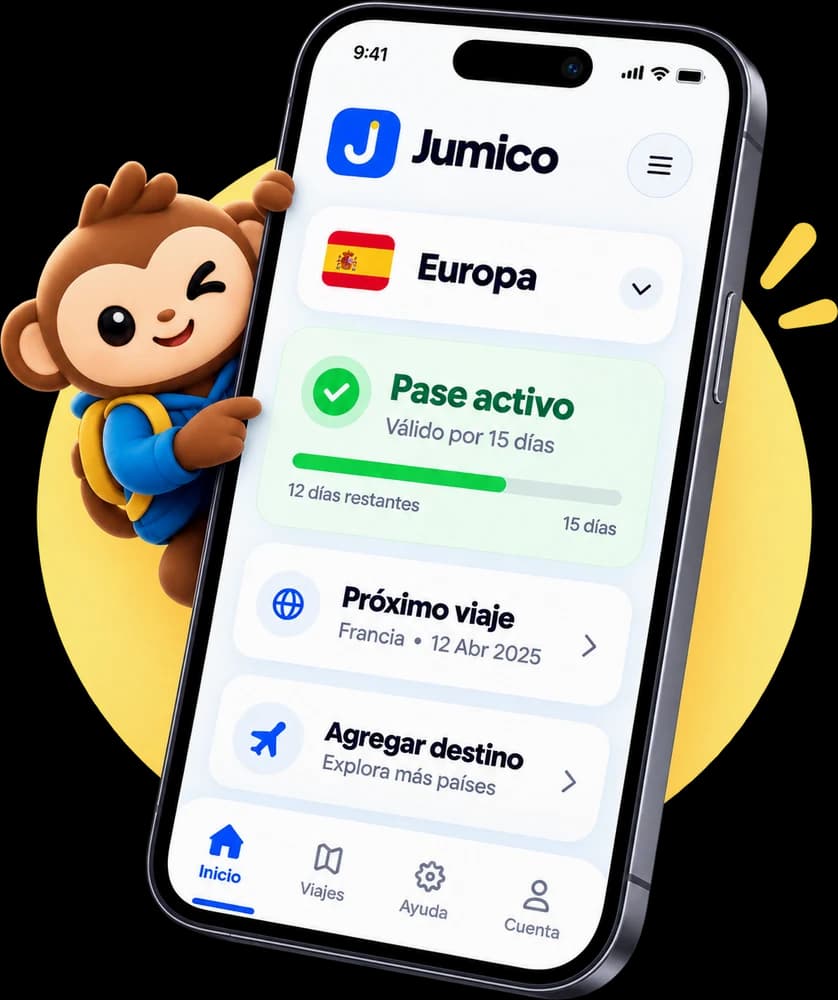 Jumico asomado junto a un celular con Mi Jumico: pase activo en Europa y días restantes